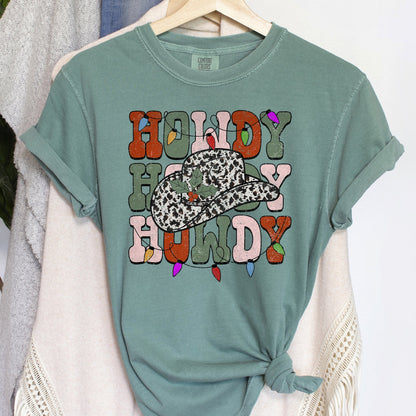 Howdy Christmas, Leopard Print Cowboy Hat, Retro Text, Comfort Colors, Tshirt