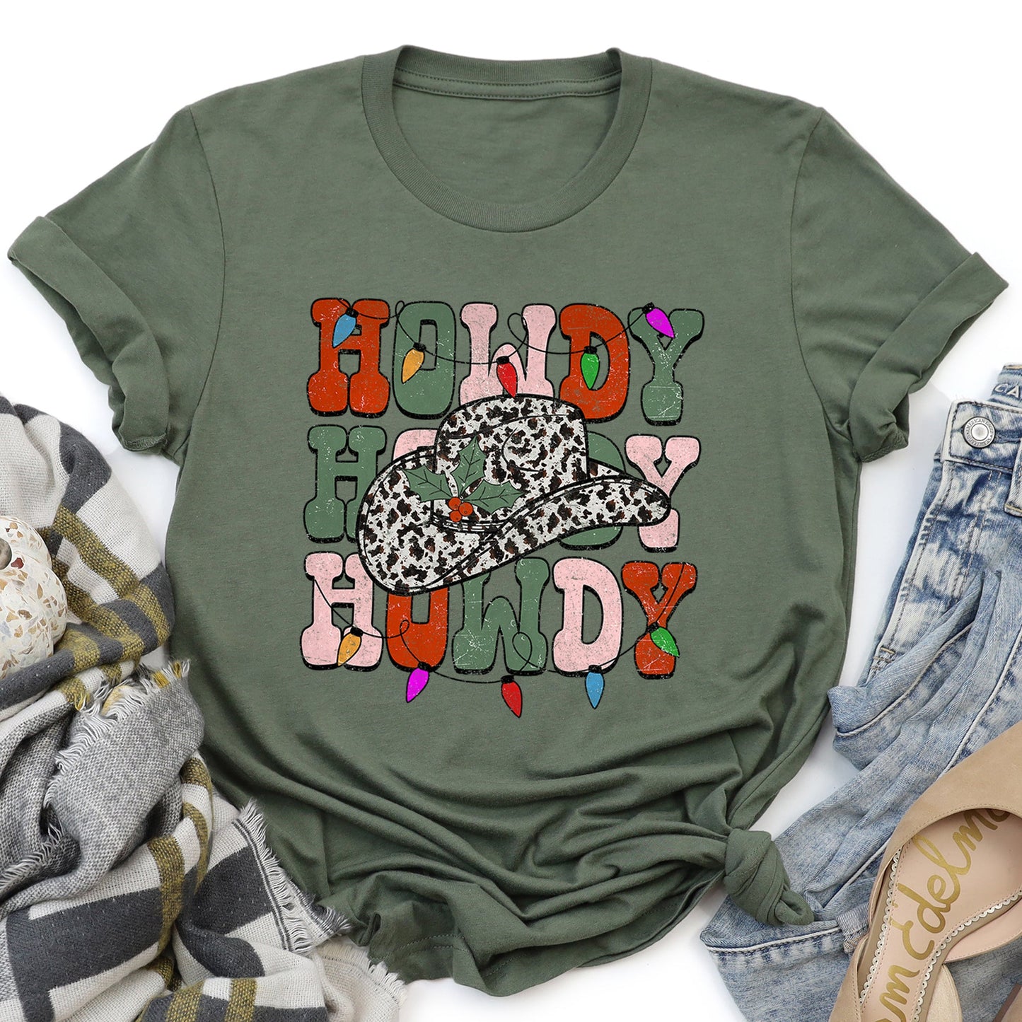 Howdy Christmas, Leopard Print Cowboy Hat, Retro Text Super Soft Tees