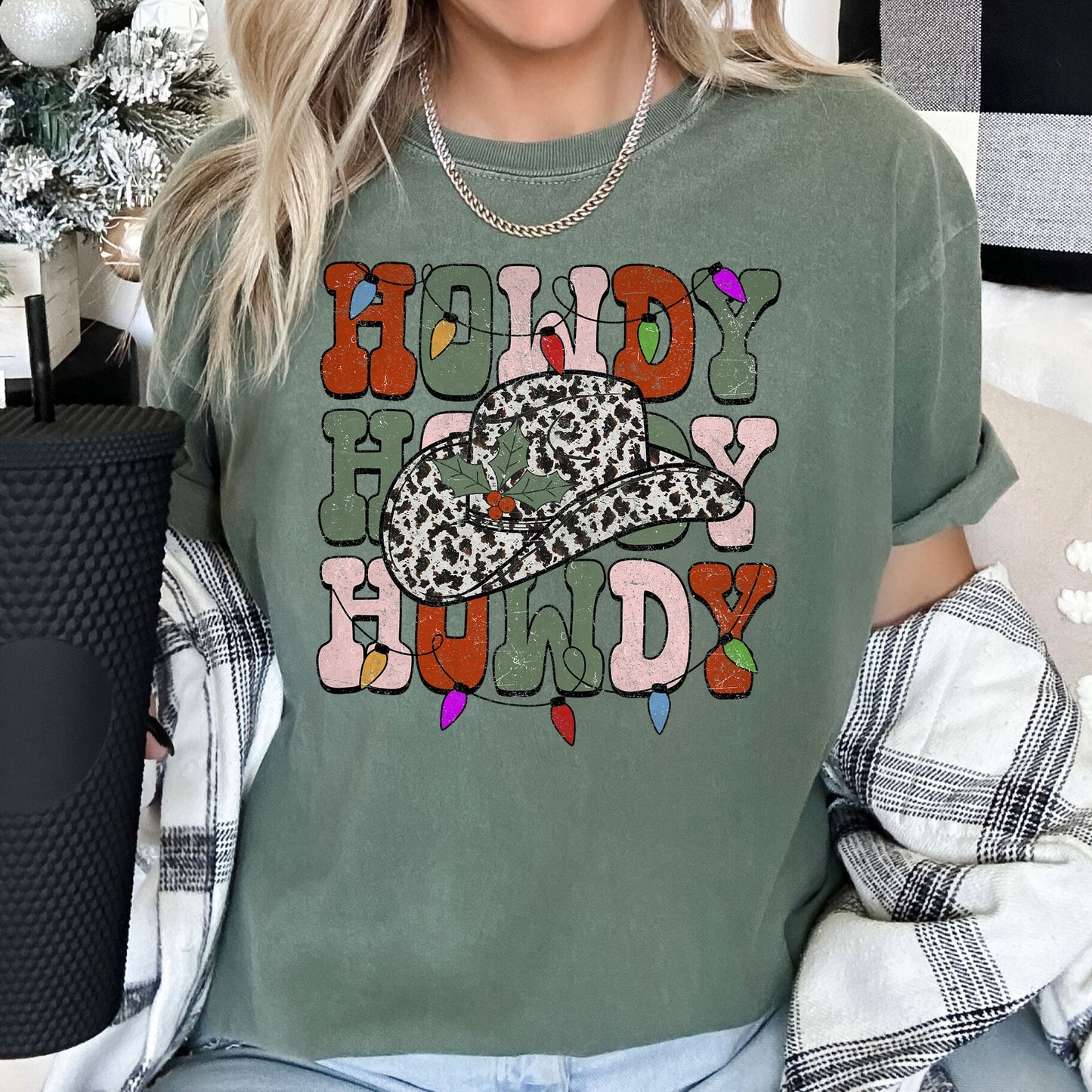 Howdy Christmas, Leopard Print Cowboy Hat, Retro Text, Comfort Colors, Tshirt
