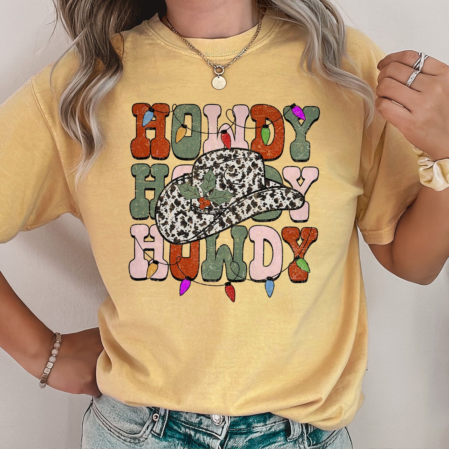Howdy Christmas, Leopard Print Cowboy Hat, Retro Text, Comfort Colors, Tshirt