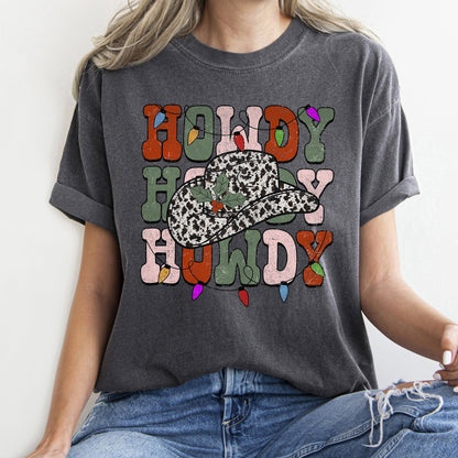 Howdy Christmas, Leopard Print Cowboy Hat, Retro Text, Comfort Colors, Tshirt
