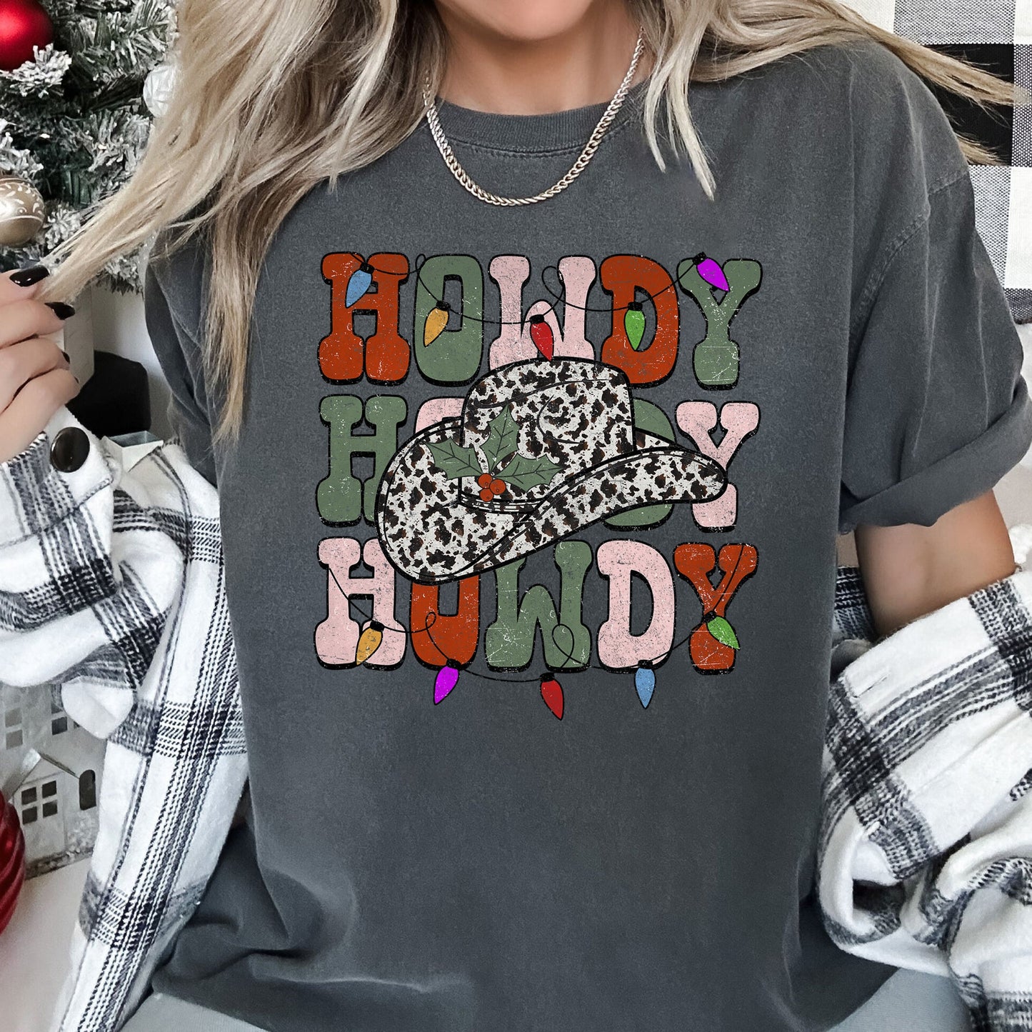 Howdy Christmas, Leopard Print Cowboy Hat, Retro Text, Comfort Colors, Tshirt