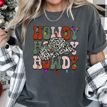 Howdy Christmas, Leopard Print Cowboy Hat, Retro Text, Comfort Colors, Tshirt