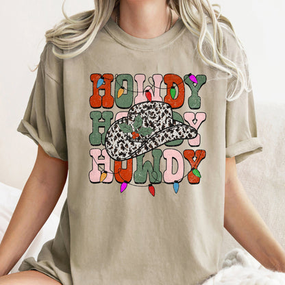 Howdy Christmas, Leopard Print Cowboy Hat, Retro Text, Comfort Colors, Tshirt