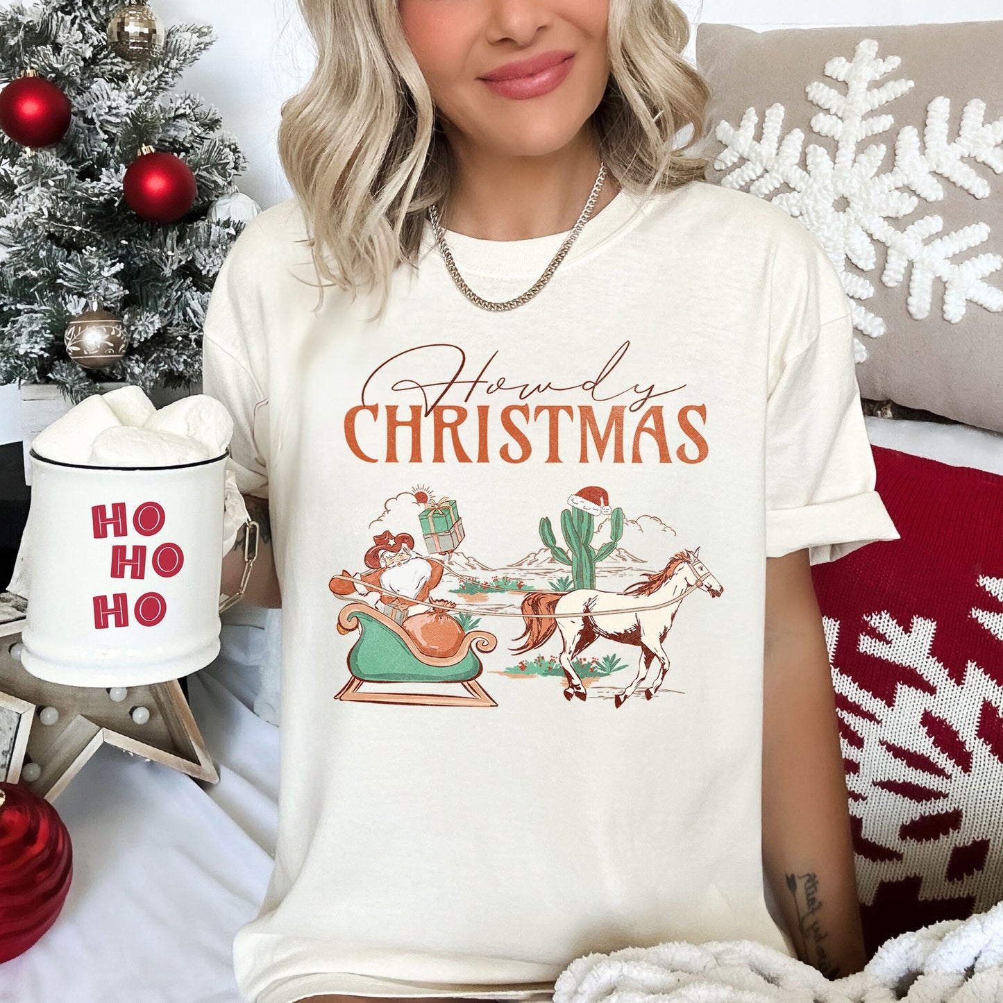 Howdy Christmas, Santa Cowboy, Horse, Sleigh, Desert, County, Western, Comfort Colors, Tshirt