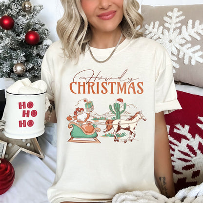 Howdy Christmas, Santa Cowboy, Horse, Sleigh, Desert, County, Western, Comfort Colors, Tshirt