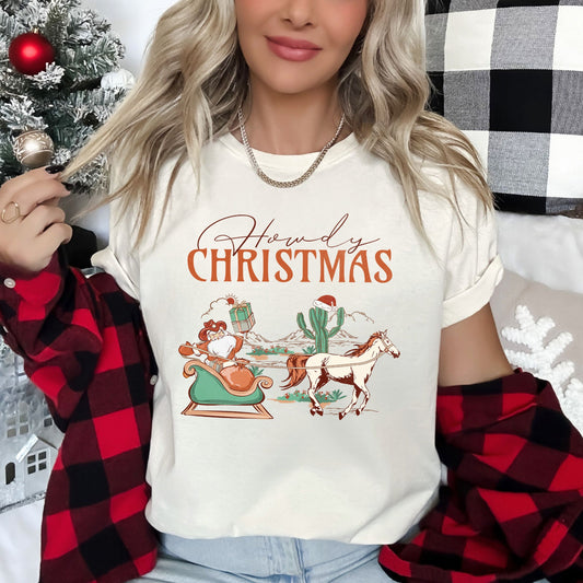 Howdy Christmas, Santa Cowboy, Horse, Sleigh, Desert, County, Western, Super Soft Tshirt