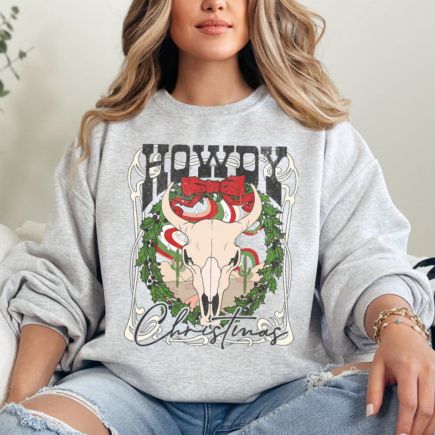 Howdy Christmas, Skull, Western, Cowboy Sweatshirt