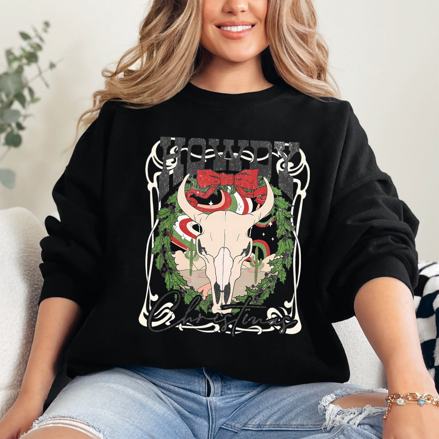 Howdy Christmas, Skull, Western, Cowboy Sweatshirt