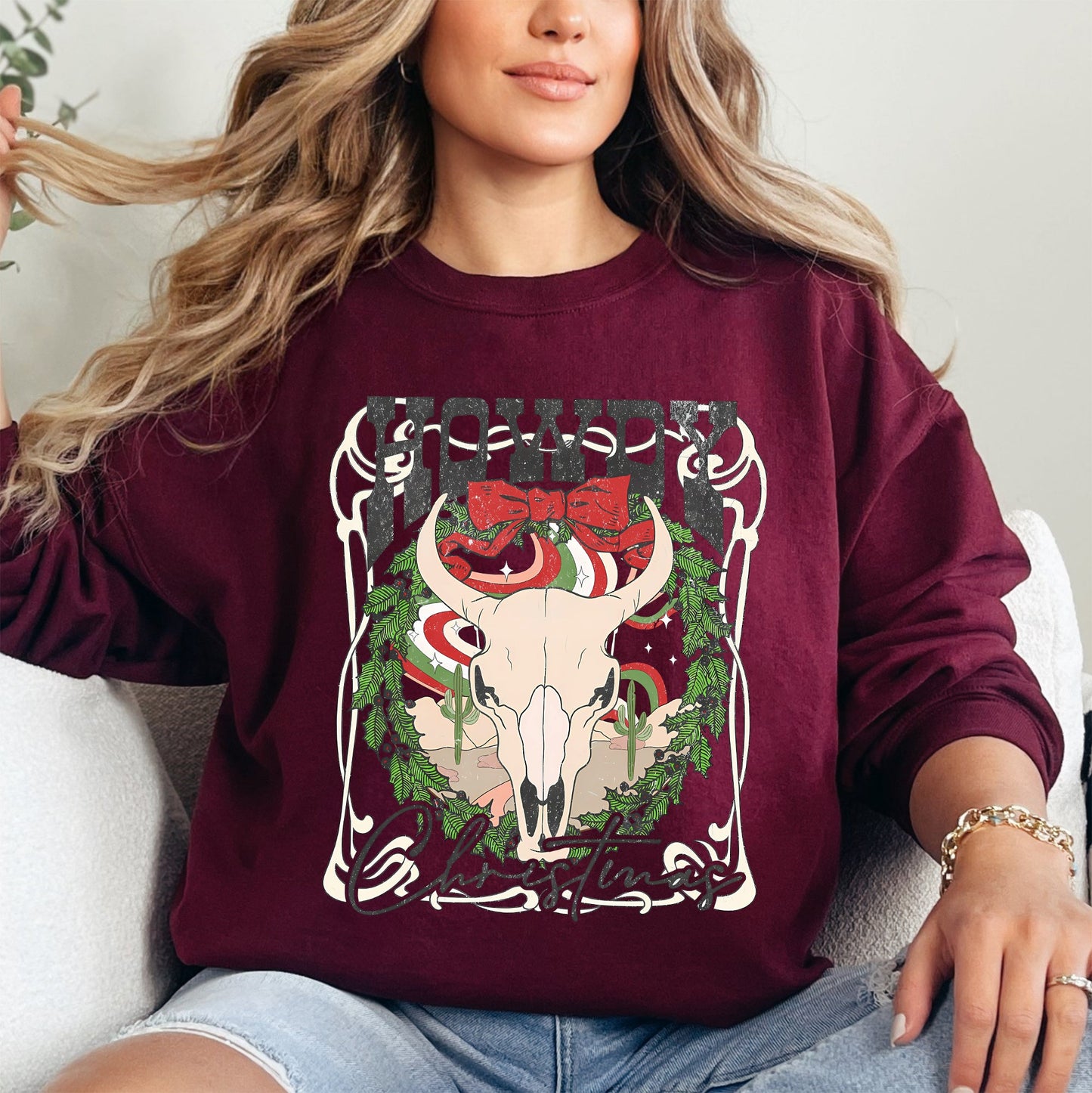 Howdy Christmas, Skull, Western, Cowboy Sweatshirt
