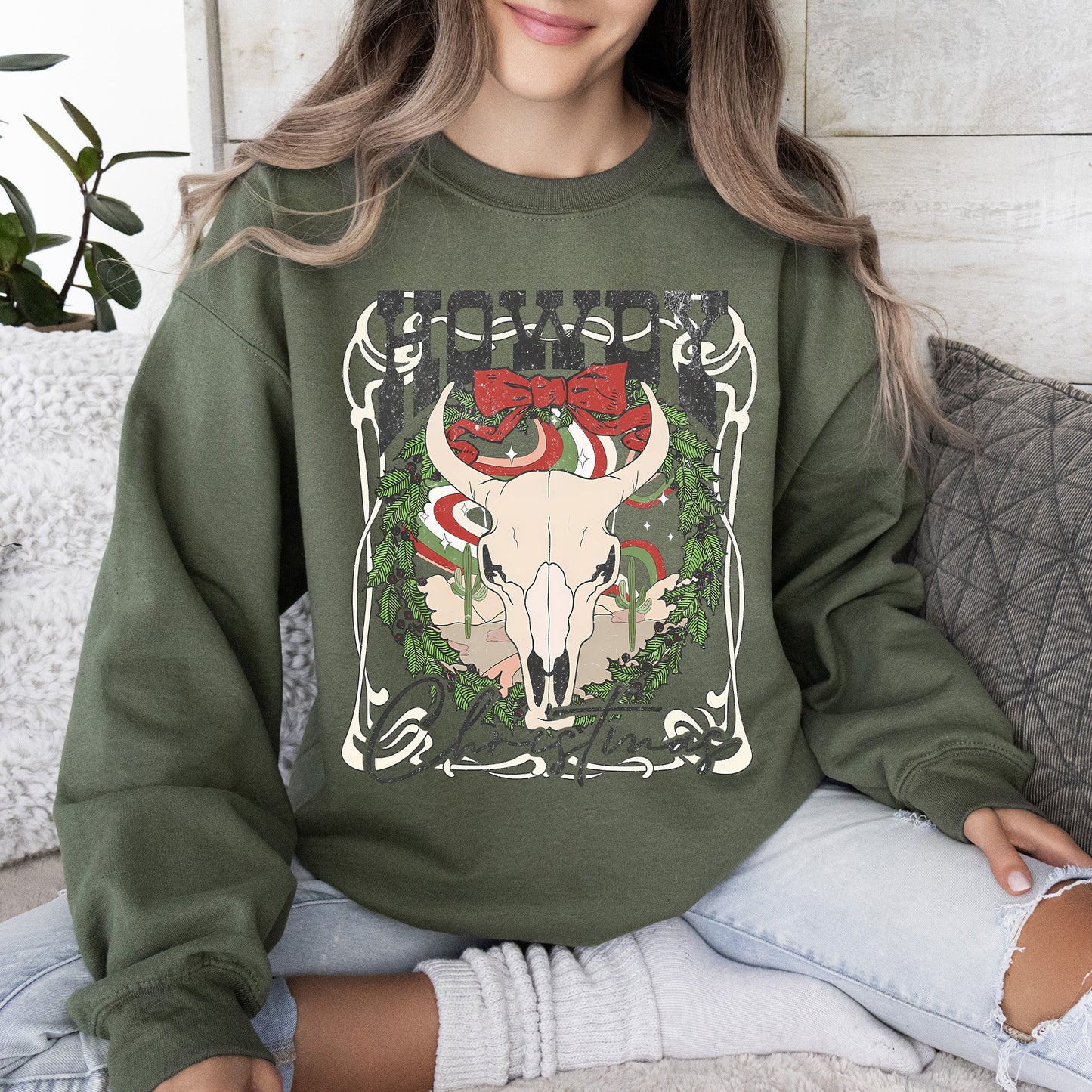 Howdy Christmas, Skull, Western, Cowboy Sweatshirt