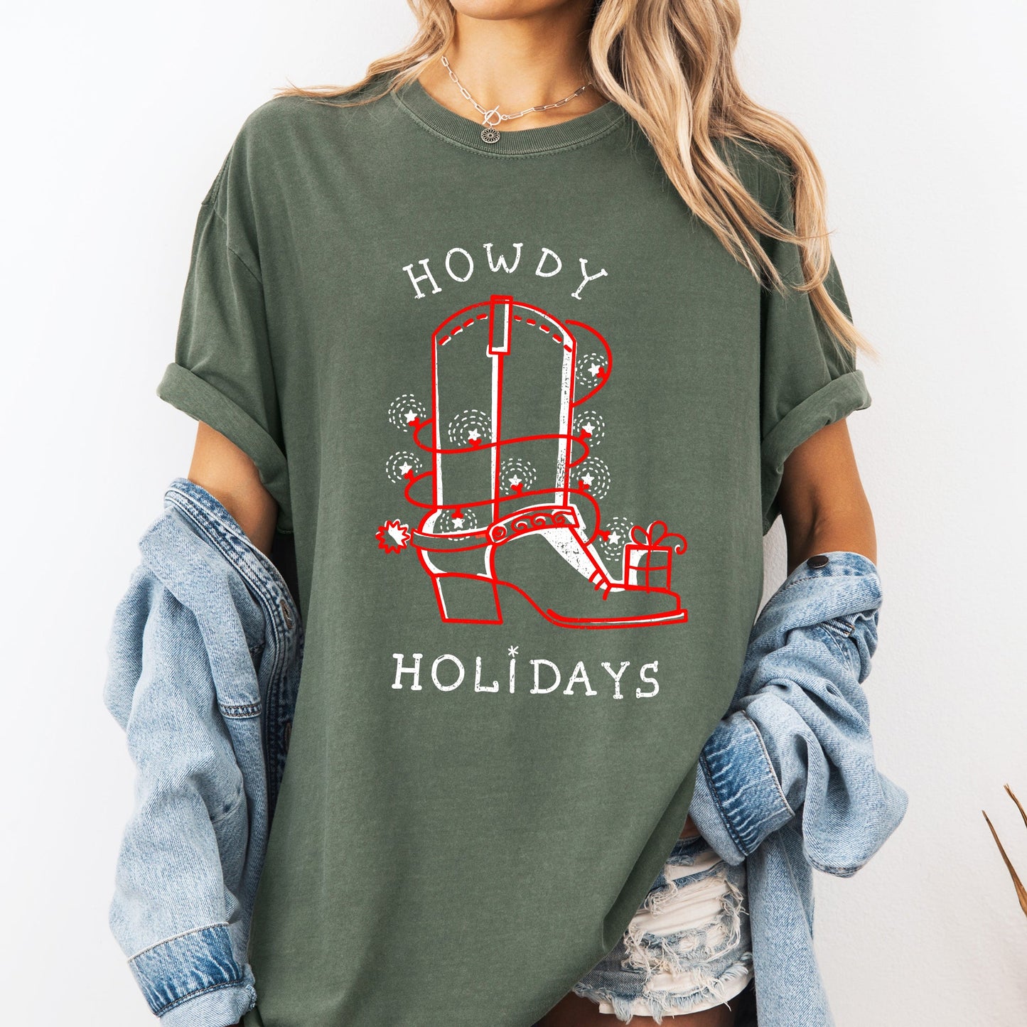 Howdy Holidays, Christmas, Cowboy Boot, Country, Western, Xmas Tshirt Comfort Colors T-Shirt