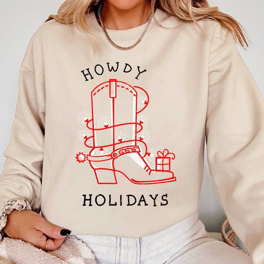 Howdy Holidays, Christmas, Cowboy Boot, Country, Western, Xmas Sweatshirt