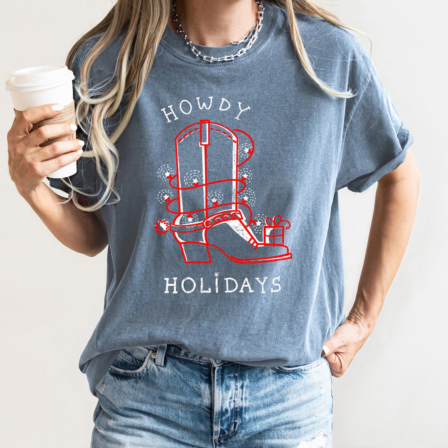 Howdy Holidays, Christmas, Cowboy Boot, Retro, Comfort Colors, Tshirt