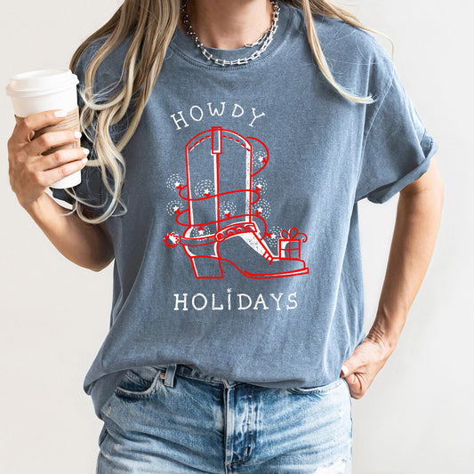 Howdy Holidays, Christmas, Cowboy Boot, Retro, Comfort Colors, Tshirt