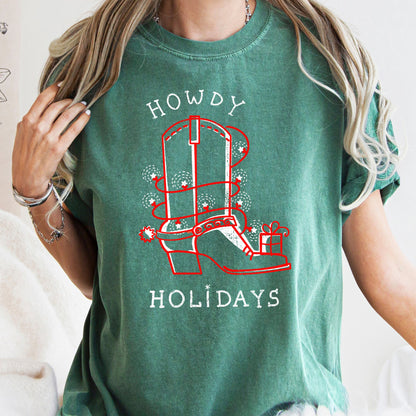 Howdy Holidays, Christmas, Cowboy Boot, Retro, Comfort Colors, Tshirt