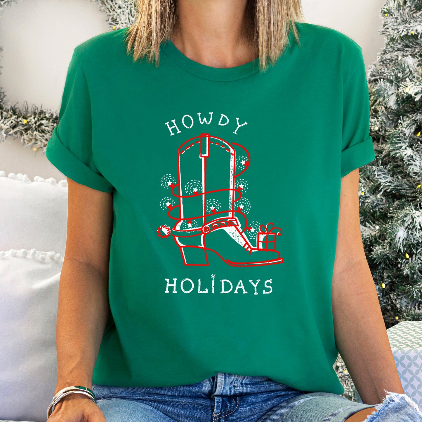 Howdy Holidays, Christmas, Cowboy Boot, Retro Super Soft Tees