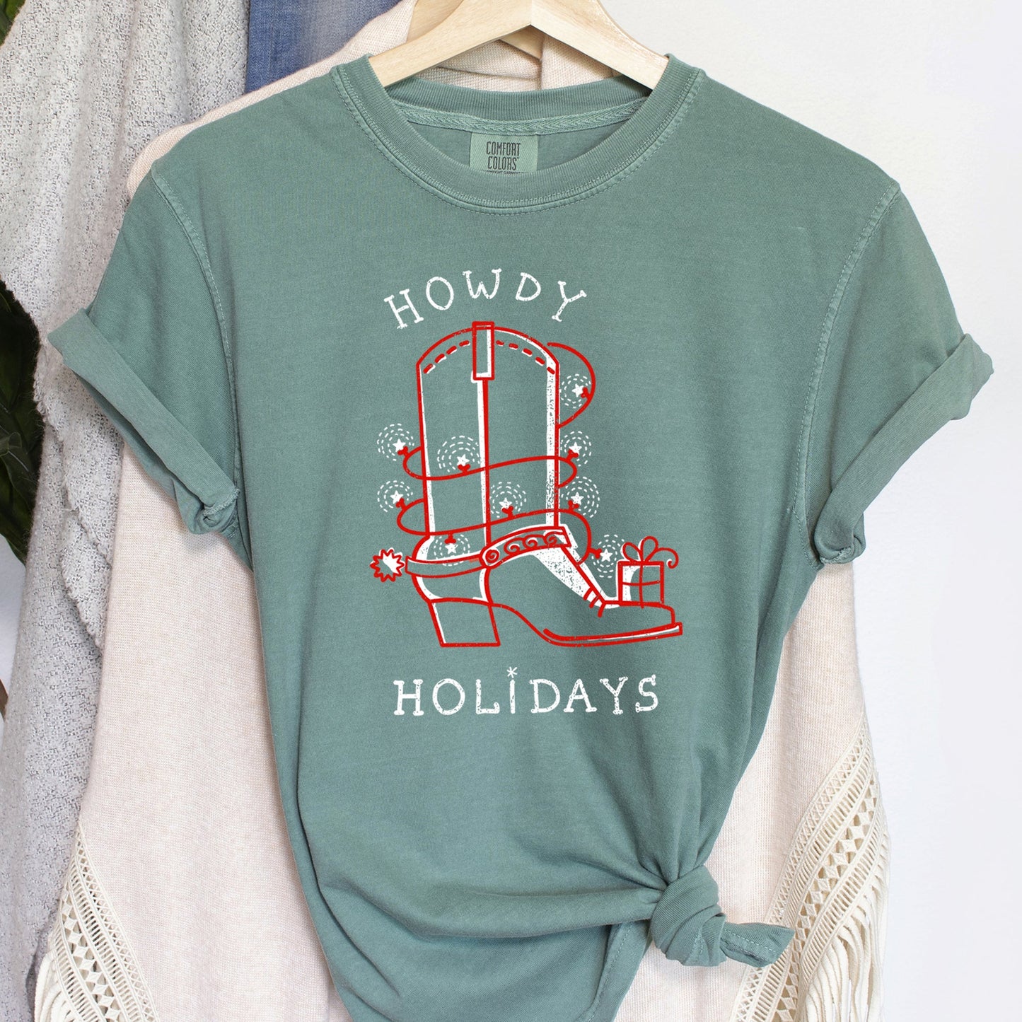 Howdy Holidays, Christmas, Cowboy Boot, Retro, Comfort Colors, Tshirt