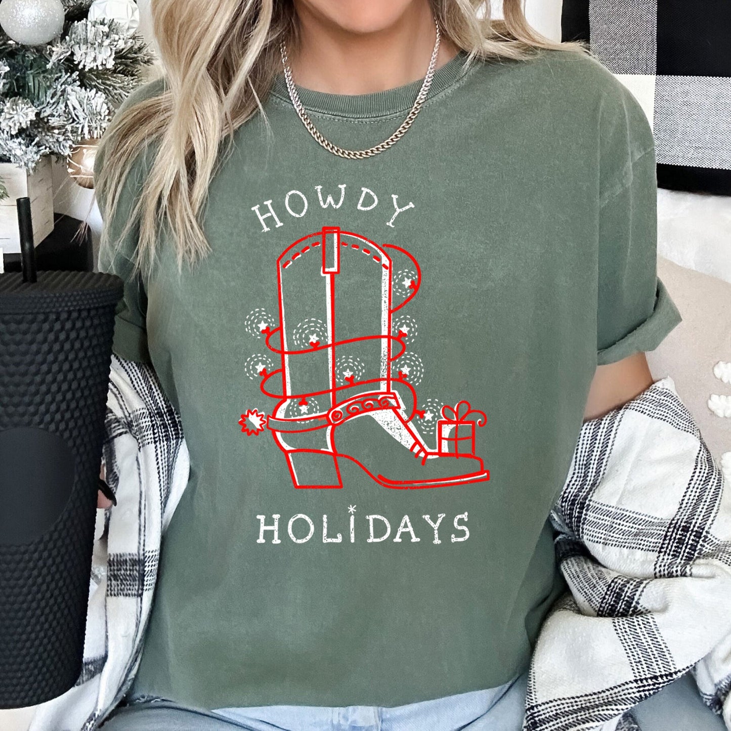 Howdy Holidays, Christmas, Cowboy Boot, Retro, Comfort Colors, Tshirt