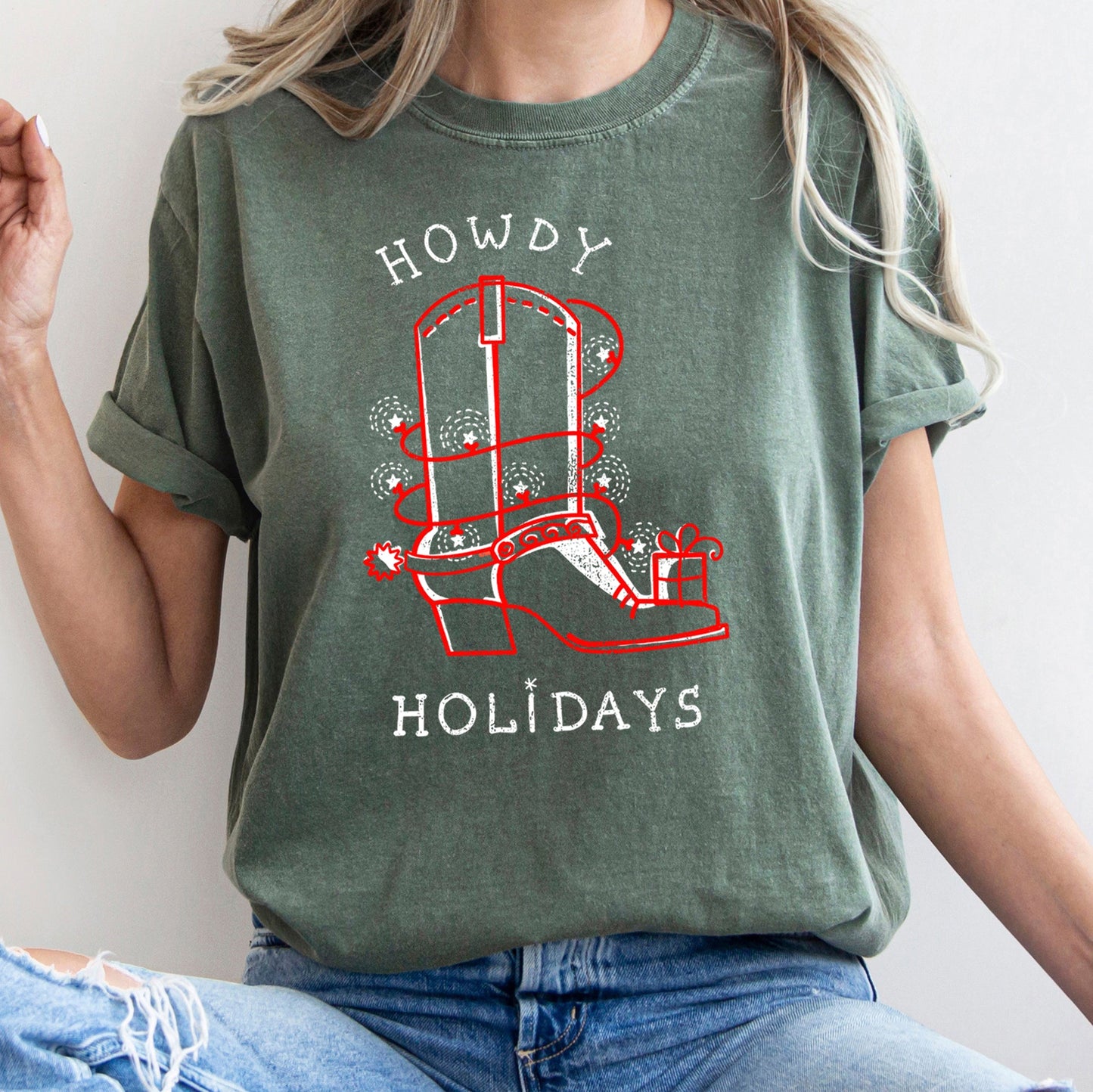 Howdy Holidays, Christmas, Cowboy Boot, Retro, Comfort Colors, Tshirt