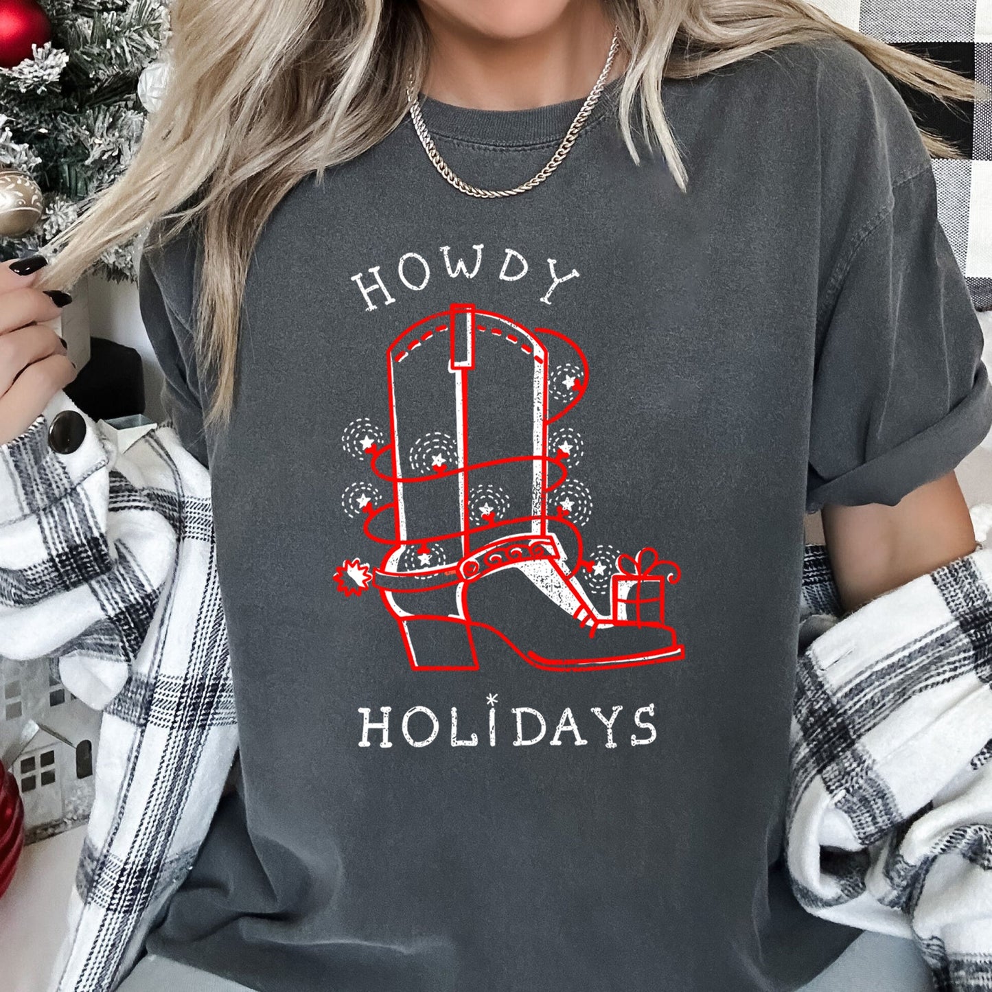 Howdy Holidays, Christmas, Cowboy Boot, Retro, Comfort Colors, Tshirt