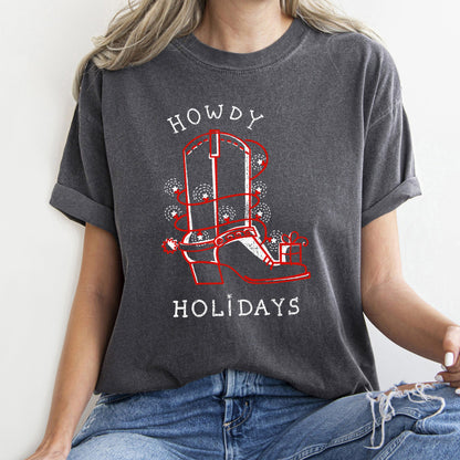 Howdy Holidays, Christmas, Cowboy Boot, Retro, Comfort Colors, Tshirt