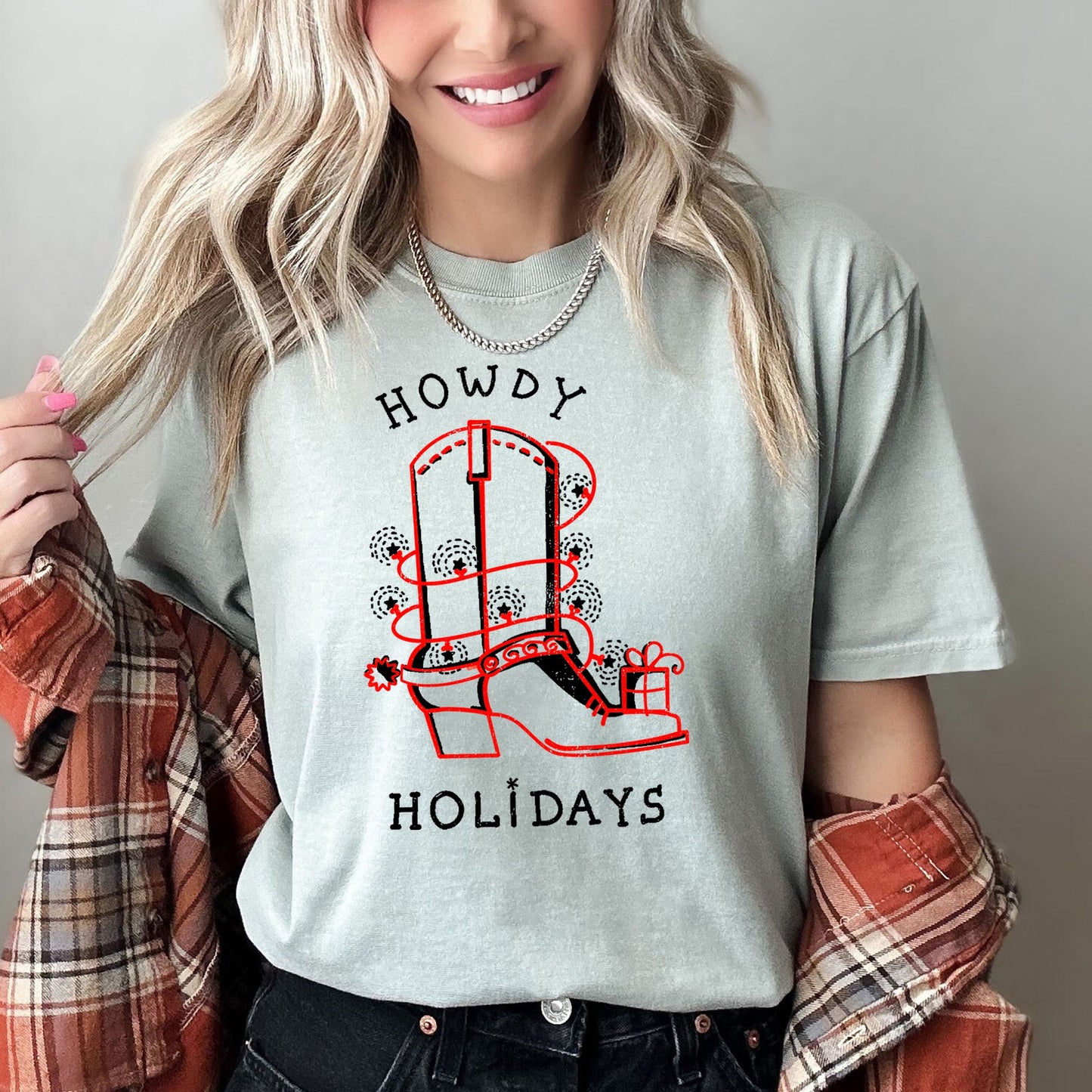 Howdy Holidays, Christmas, Cowboy Boot, Retro, Comfort Colors, Tshirt