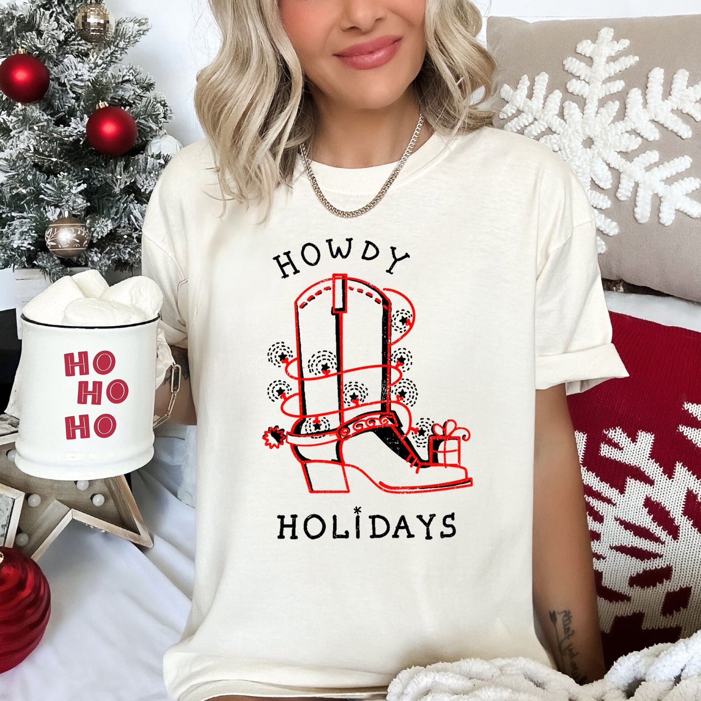 Howdy Holidays, Christmas, Cowboy Boot, Retro, Comfort Colors, Tshirt