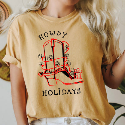 Howdy Holidays, Christmas, Cowboy Boot, Retro, Comfort Colors, Tshirt