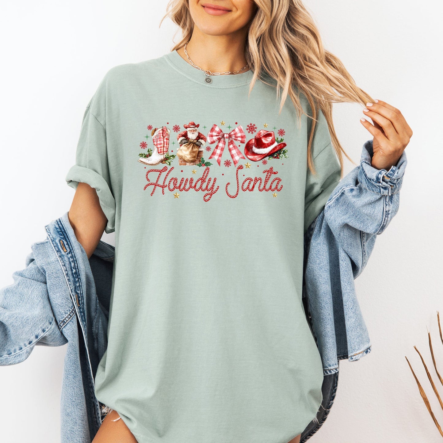 Howdy Santa, Retro Country, Western, Cowboy, Ribbon, Bows, Christmas, Xmas Tshirt Comfort Colors T-Shirt