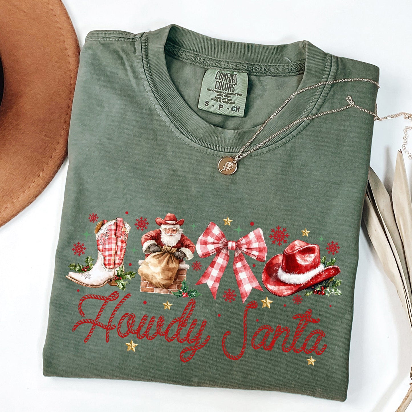 Howdy Santa, Retro Country, Western, Cowboy, Ribbon, Bows, Christmas, Xmas Tshirt Comfort Colors T-Shirt