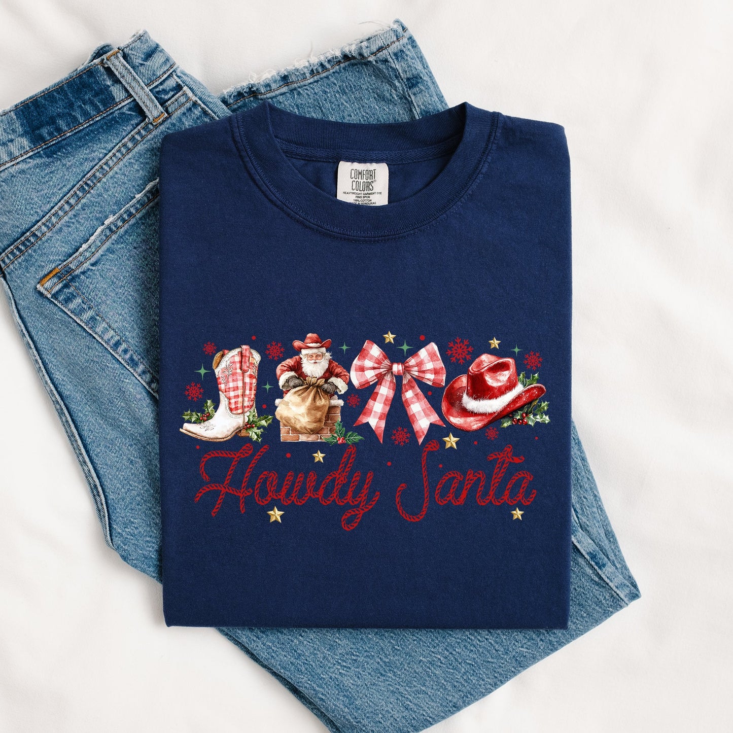 Howdy Santa, Retro Country, Western, Cowboy, Ribbon, Bows, Christmas, Xmas Tshirt Comfort Colors T-Shirt