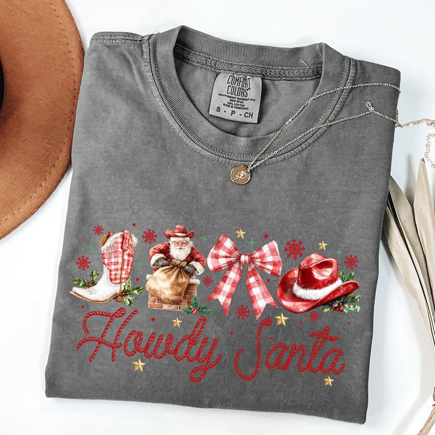 Howdy Santa, Retro Country, Western, Cowboy, Ribbon, Bows, Christmas, Xmas Tshirt Comfort Colors T-Shirt