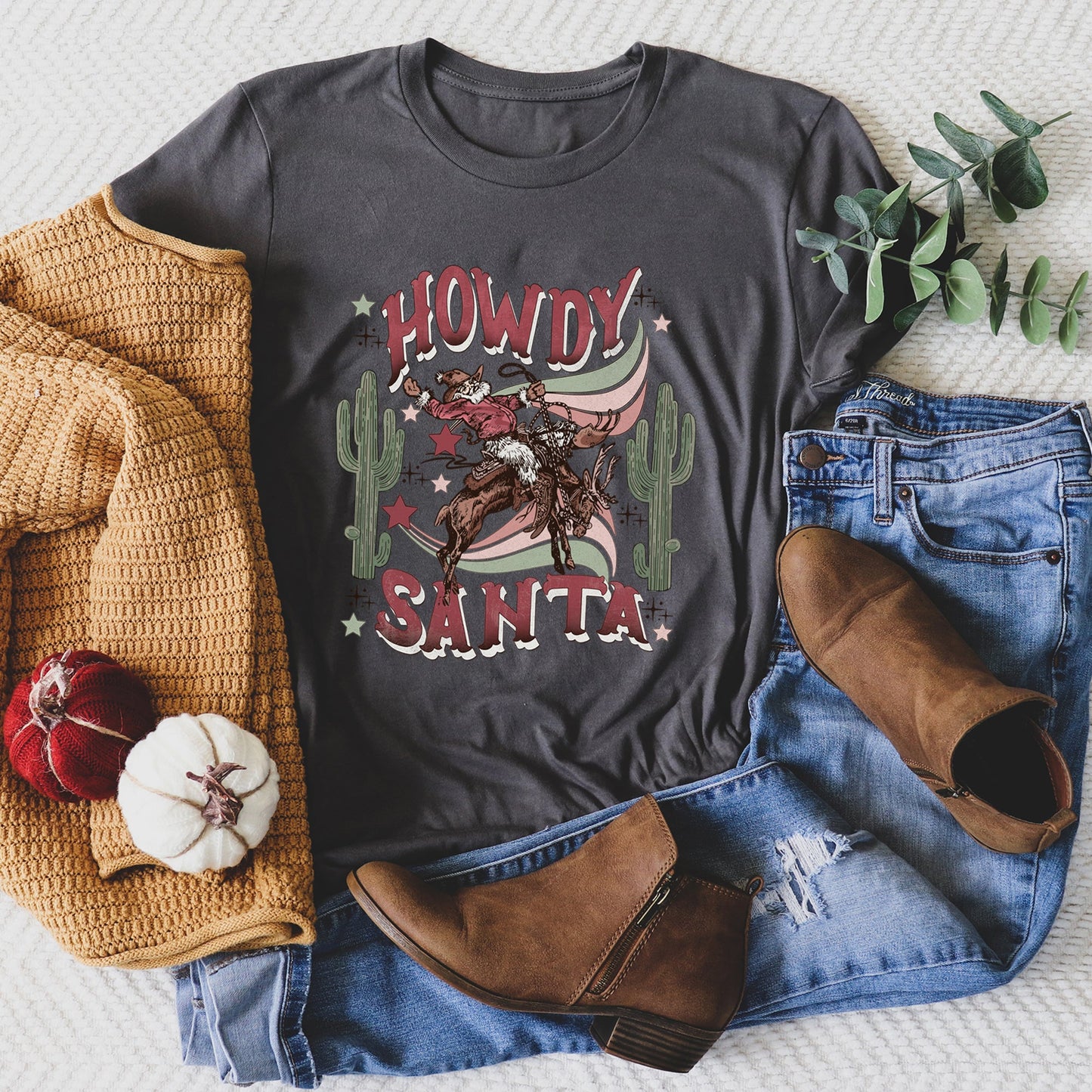 Howdy Santa, Santa Cowboy, Reindeer, Rodeo, Desert, Cactus, Christmas Super Soft Tees