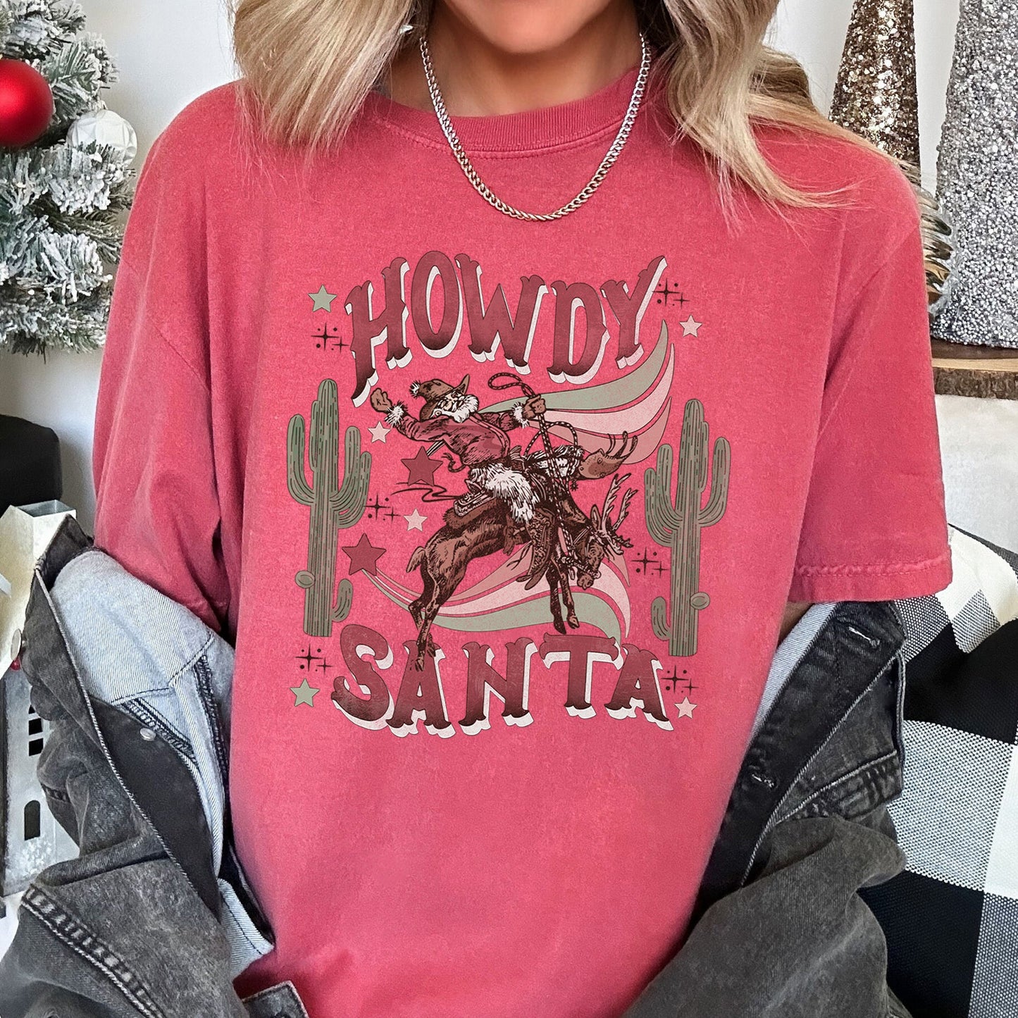 Howdy Santa, Santa Cowboy, Reindeer, Rodeo, Desert, Cactus, Christmas, Comfort Colors, Tshirt