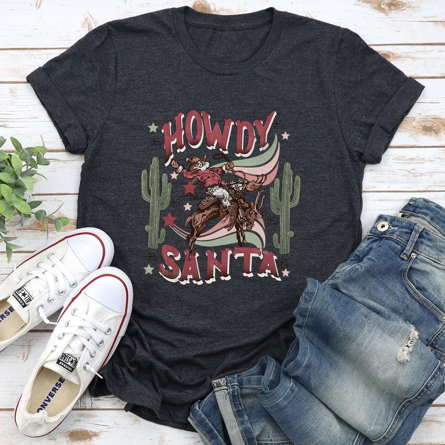 Howdy Santa, Santa Cowboy, Reindeer, Rodeo, Desert, Cactus, Christmas Super Soft Tees