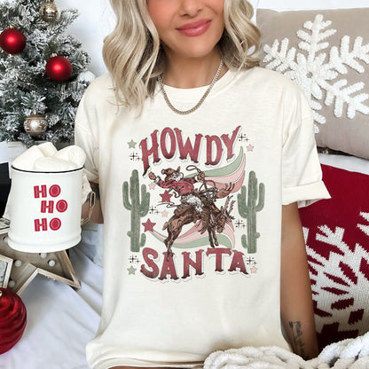 Howdy Santa, Santa Cowboy, Reindeer, Rodeo, Desert, Cactus, Christmas, Comfort Colors, Tshirt