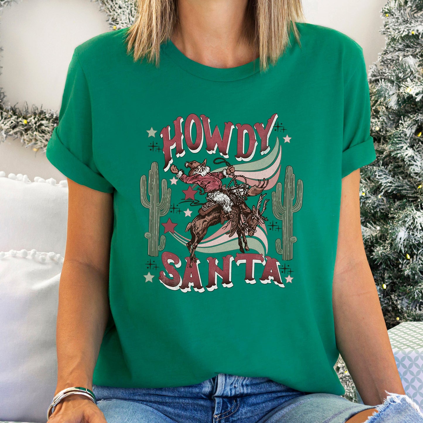 Howdy Santa, Santa Cowboy, Reindeer, Rodeo, Desert, Cactus, Christmas Super Soft Tees