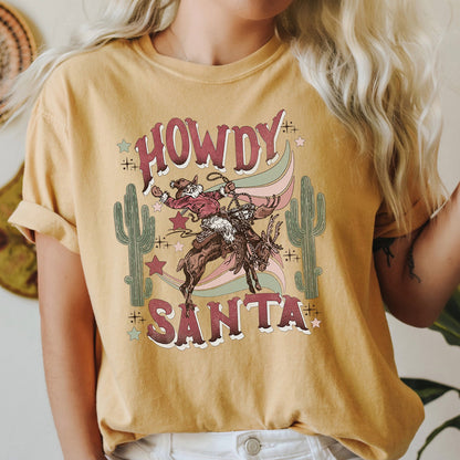 Howdy Santa, Santa Cowboy, Reindeer, Rodeo, Desert, Cactus, Christmas, Comfort Colors, Tshirt