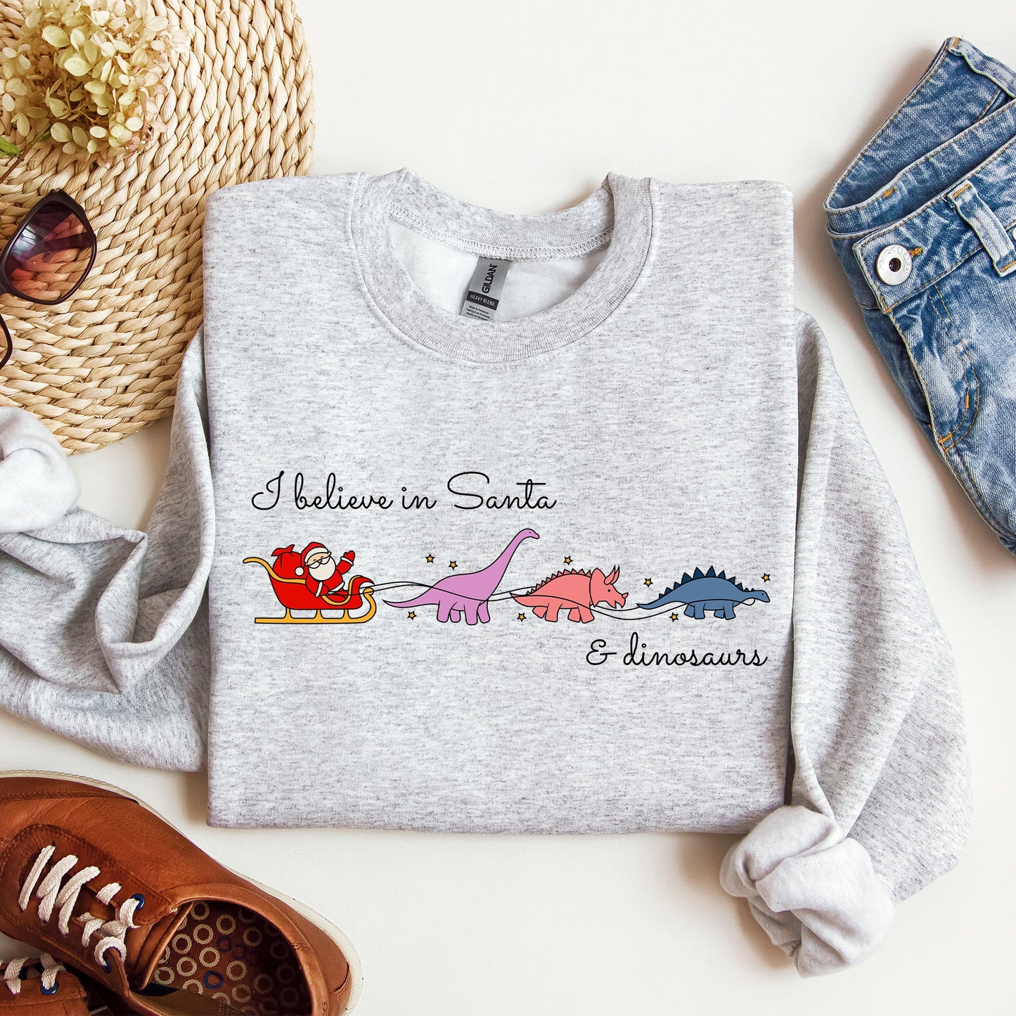 I Believe In Santa and Dinosaurs, Sleigh, Reindeer, Funny, Christmas, Winter, Xmas Sweatshirt