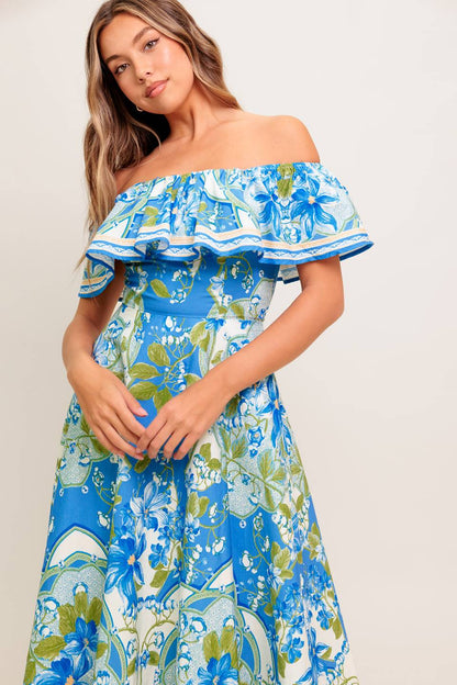 TROPICAL HAZE POWDER BLUE WOVEN MIDI DRESS