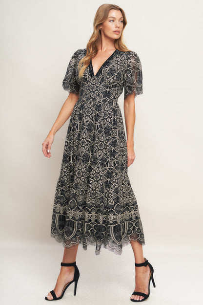 GOTHIC BLOOM WOVEN LACE MIDI DRESS