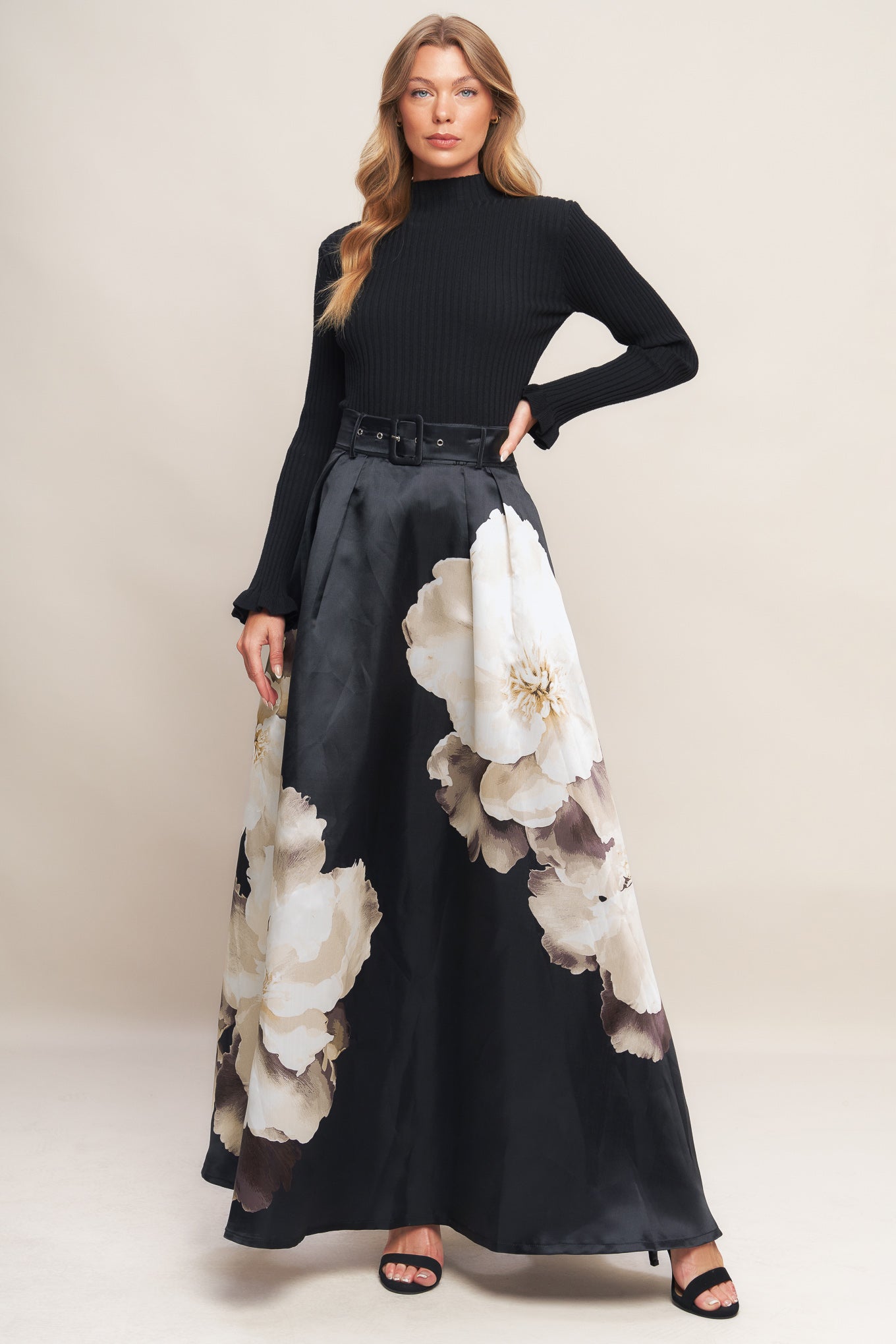 MIDNIGHT BLOOM BELTED WOVEN MAXI SKIRT