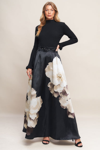 MIDNIGHT BLOOM BELTED WOVEN MAXI SKIRT