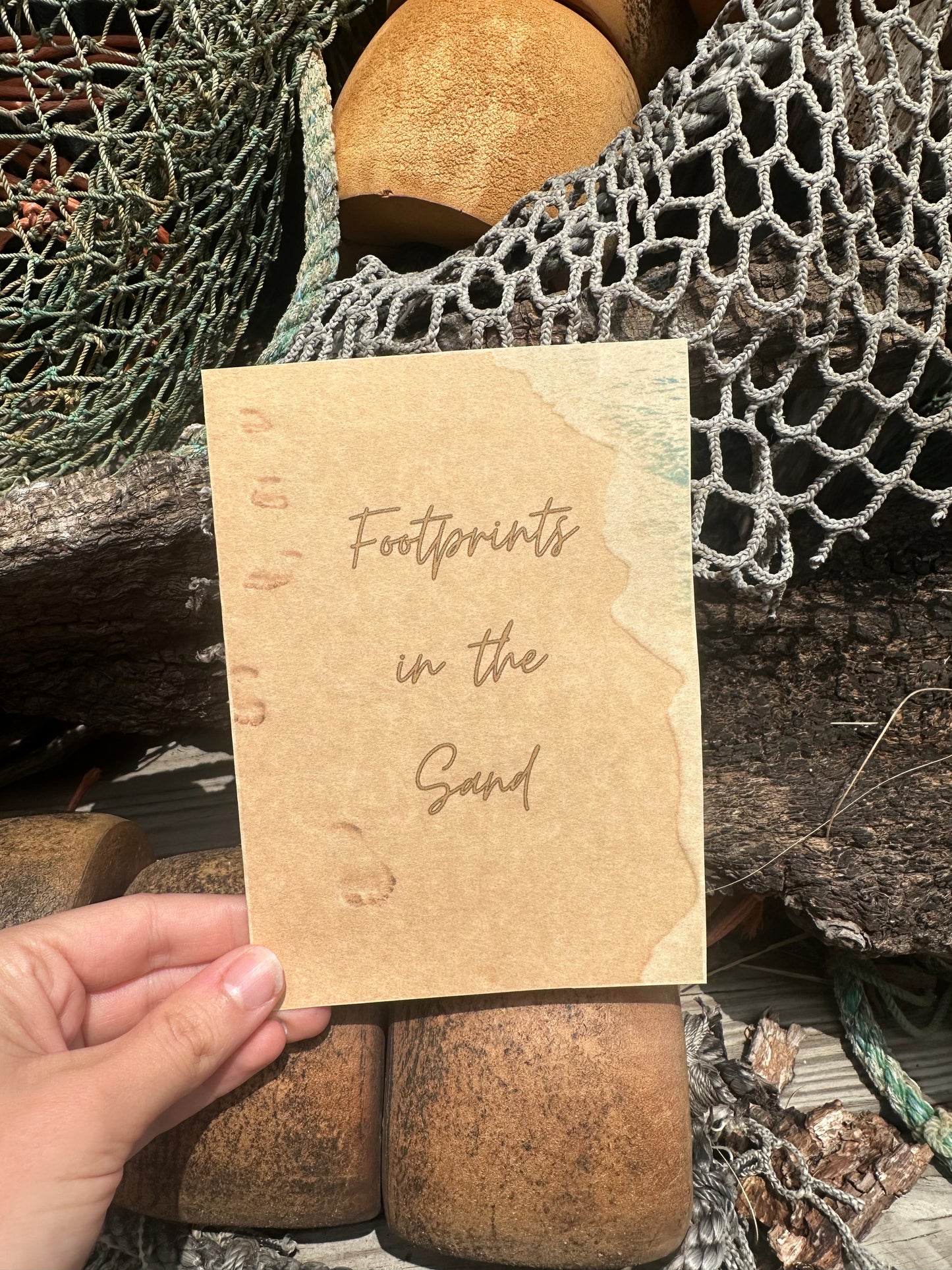 Footprints in the Sand Card on Parchment Paper with Shells