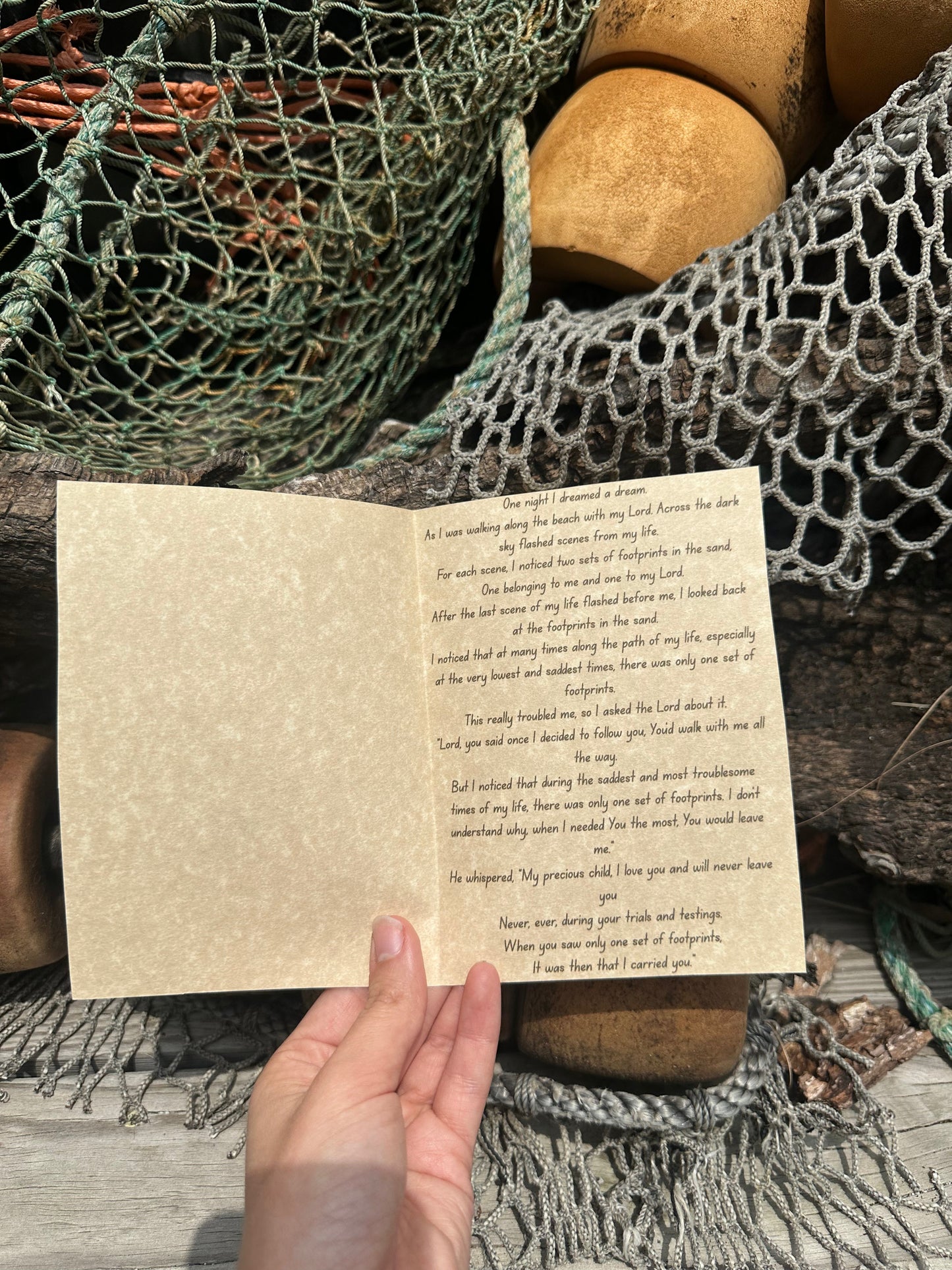 Footprints in the Sand Card on Parchment Paper with Shells