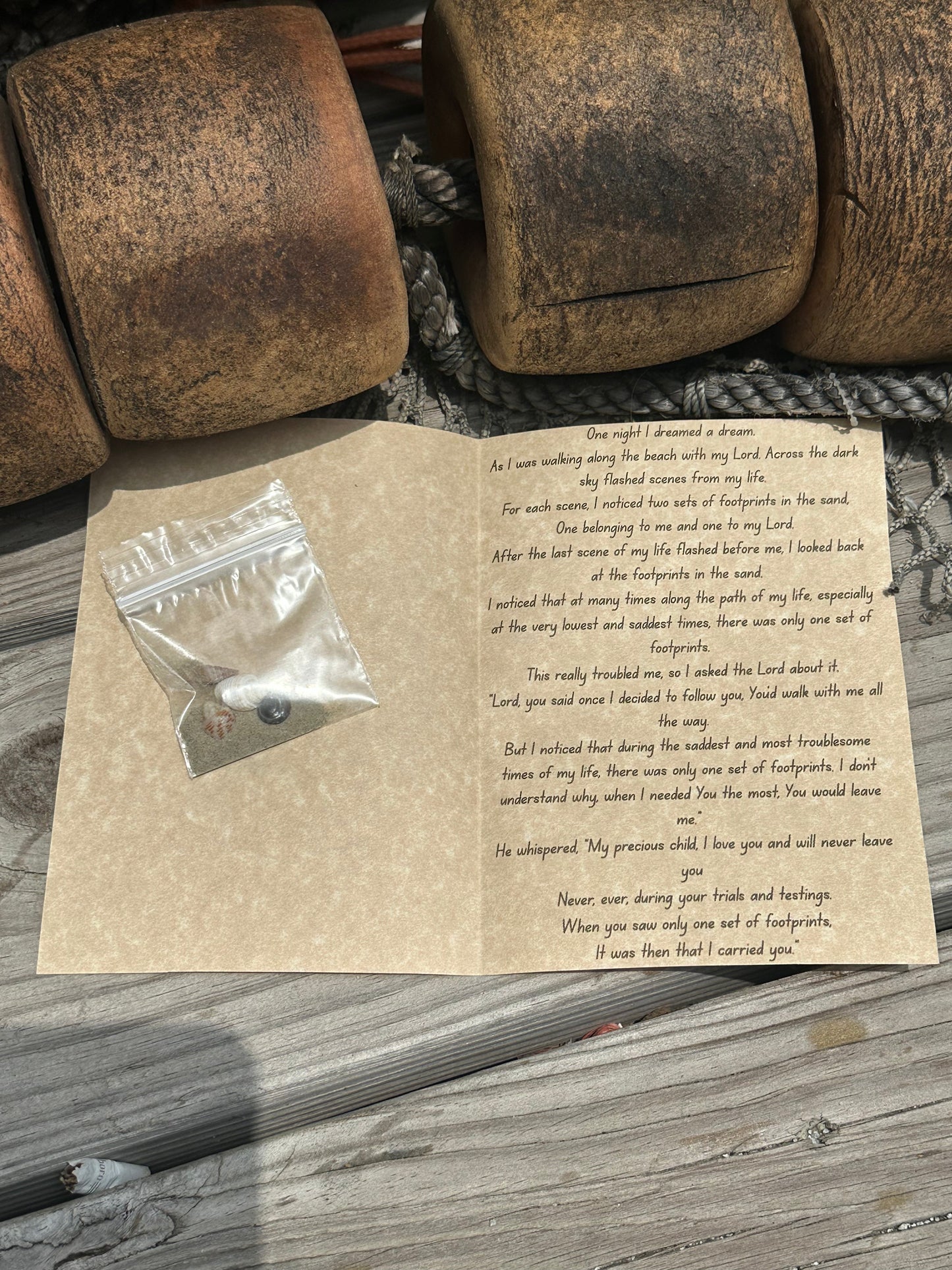 Footprints in the Sand Card on Parchment Paper with Shells