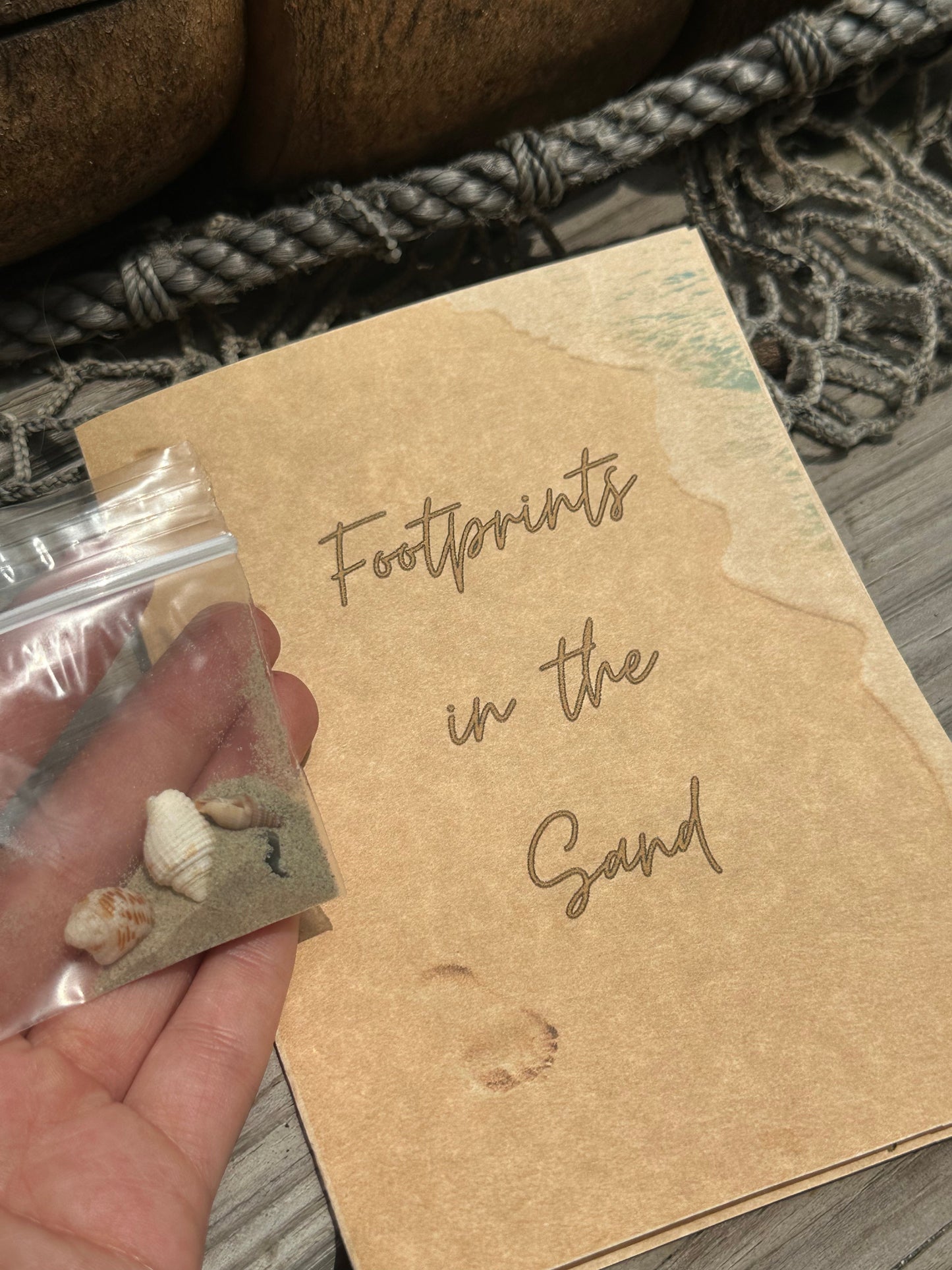 Footprints in the Sand Card on Parchment Paper with Shells