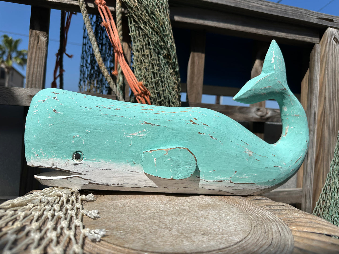 Wooden Whale with Small Fins & Open Mouth