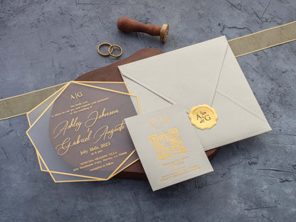 Ivory and Gold Acrylic Wedding Invitations – Hexagonal Design